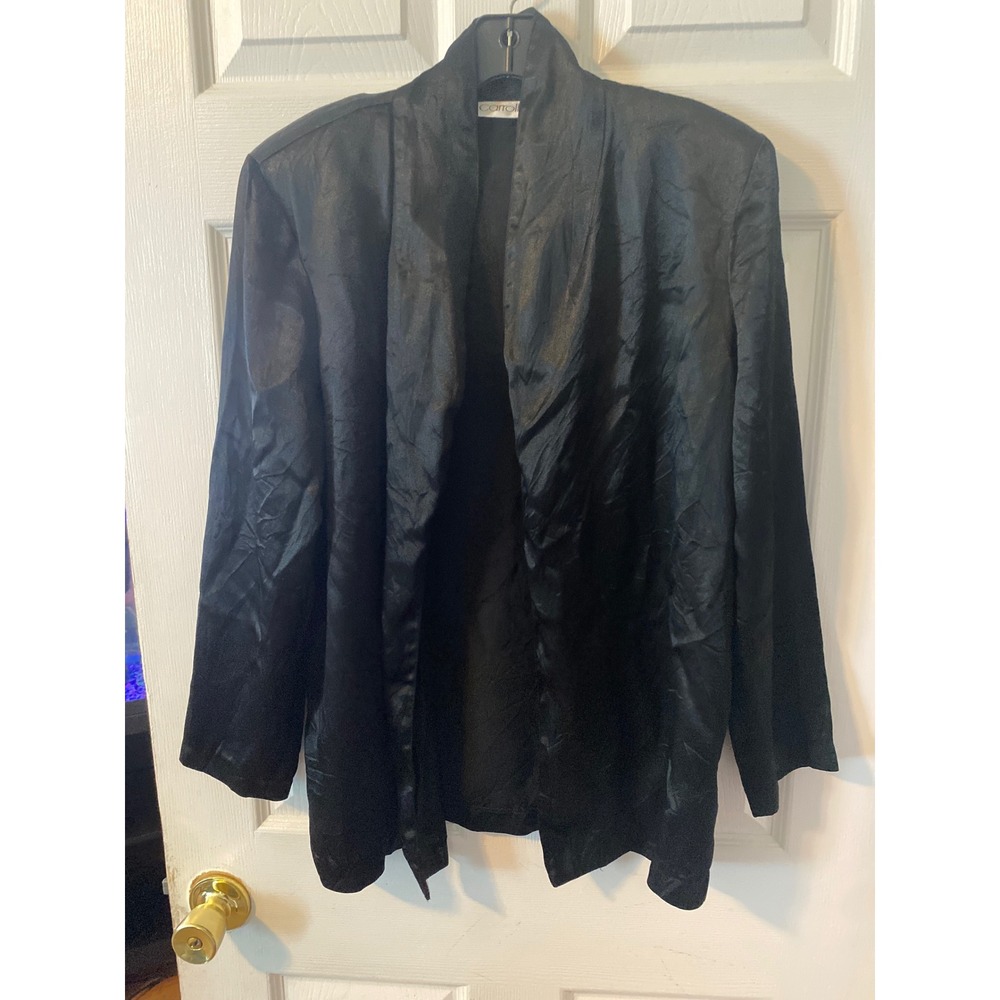 MJ Carroll Black Satin Open Front Blazer Lightweight Shawl Collar Jacket Womens‎